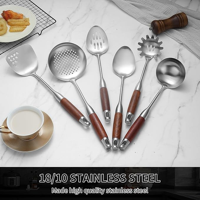 Izurok 18/10 Stainless Steel Kitchen Utensils Set,6 Piece Cooking Utensils With Wood Handle,Heat Resistant Kitchen Tool Set With Spatula, Spoon, Ladle, Skimmer, Slotted Spoon, Pasta - Image 3