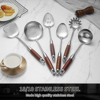 Izurok 18/10 Stainless Steel Kitchen Utensils Set,6 Piece Cooking Utensils With Wood Handle,Heat Resistant Kitchen Tool Set With Spatula, Spoon, Ladle, Skimmer, Slotted Spoon, Pasta - Image 3