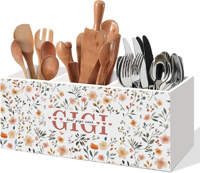 Best Gigi Ever Gifts Kitchen Utensil Holder, Grandma Gifts for Nana Mimi, Mothers Day Birthday Gift for Grandma from Grandkids, Gigi Gift Floral Wooden Cooking Utensil Holder