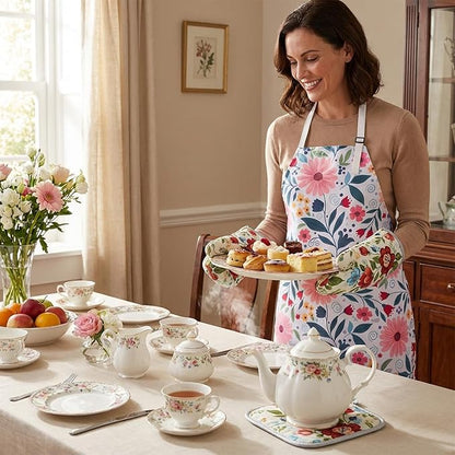 Floral Apron and Oven Mitt Set 3 Piece, Heat Resistant Kitchen Mittens and Pot Holders, Vintage Farmhouse Kitchen Decor Accessories, Cute Cooking Baking Gifts for Women Mom.