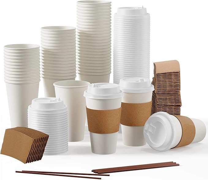 JOLLY PARTY [100 Pack] 16 oz Paper Coffee Cups, Disposable Paper Coffee Cup with Lids, Sleeves, and Stirrers, Hot/Cold Beverage Drinking Cup for Water, Juice or Tea, Suitable for Home,Shops and Cafes by JOLLYPARTY