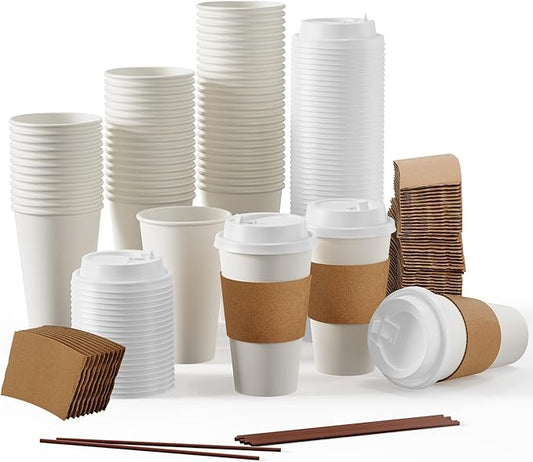 JOLLY PARTY [100 Pack] 16 oz Paper Coffee Cups, Disposable Paper Coffee Cup with Lids, Sleeves, and Stirrers, Hot/Cold Beverage Drinking Cup for Water, Juice or Tea, Suitable for Home,Shops and Cafes by JOLLYPARTY