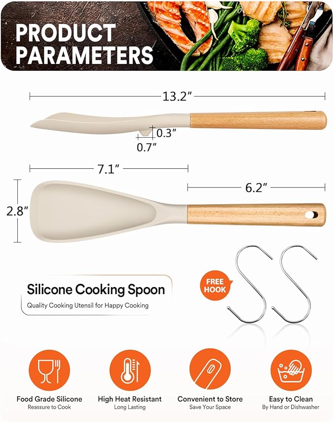 Cooking Spoon for Nonstick Cookwares, Great for Cooking and Serving Sturdy BPA-Free Matte Silicone, Wood Handle Spoon for Mixing, Scoop, and Scrape (2 Pack of Khaki, 13.4 inch) - Image 2