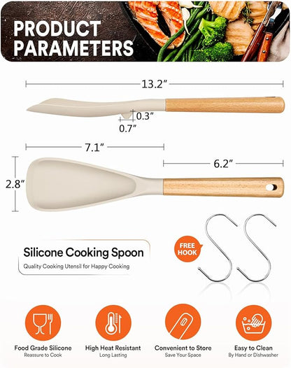 Cooking Spoon for Nonstick Cookwares, Great for Cooking and Serving Sturdy BPA-Free Matte Silicone, Wood Handle Spoon for Mixing, Scoop, and Scrape (2 Pack of Khaki, 13.4 inch) - Image 2