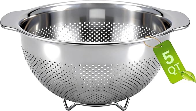 Metal Strainer with Handle - Large Food Strainers and Colanders for Kitchen - 18/8 Stainless Steel Colander for Rice, Spaghetti, Pasta, Fruit, Vegetables, Noodles, Dishwasher Safe (5QT)