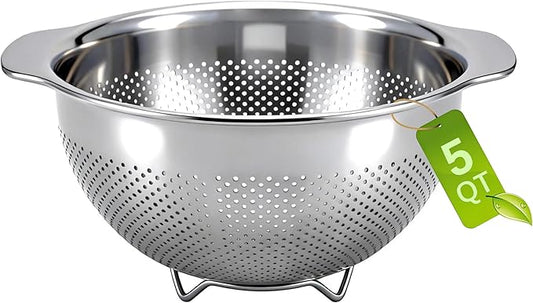 Metal Strainer with Handle - Large Food Strainers and Colanders for Kitchen - 18/8 Stainless Steel Colander for Rice, Spaghetti, Pasta, Fruit, Vegetables, Noodles, Dishwasher Safe (5QT)
