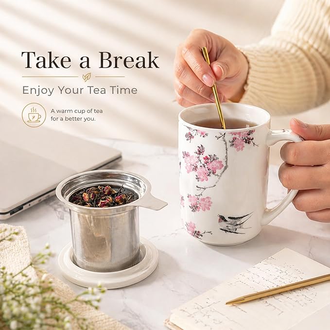 AmorArc Porcelain Tea Mug with Infuser and Lids, 18 Oz Coffee Cup Strainer with Bag Holder for Loose Leaf Tea, Steeping Coffee Mug for House-warming Wedding Birthday Gift