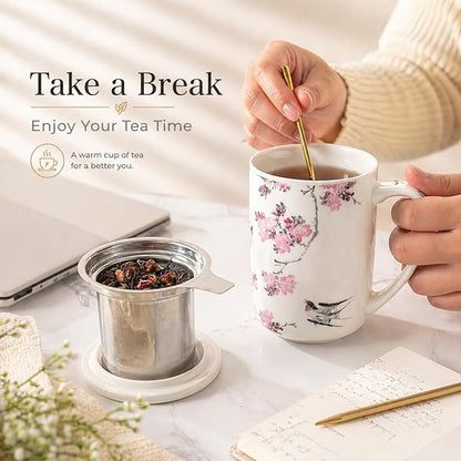 AmorArc Porcelain Tea Mug with Infuser and Lids, 18 Oz Coffee Cup Strainer with Bag Holder for Loose Leaf Tea, Steeping Coffee Mug for House-warming Wedding Birthday Gift