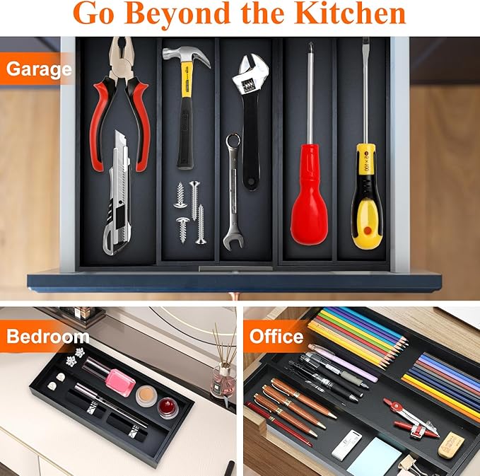 Bamboo Kitchen Tool Drawer Organizer Storage Black Cutlery Tray Expandable Silverware Drawer Divider Organizers Large Cooking Utensil Holder for Drawers Spoon Flatware Organizer Silverware Trays - Image 6