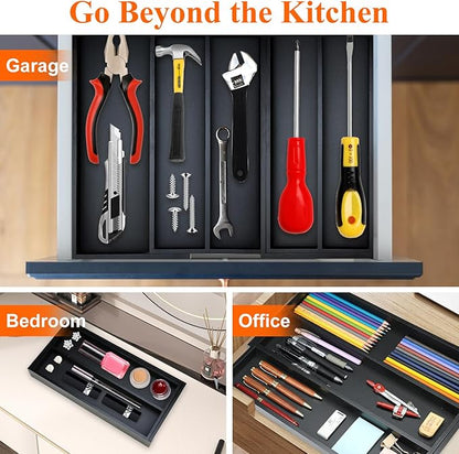 Bamboo Kitchen Tool Drawer Organizer Storage Black Cutlery Tray Expandable Silverware Drawer Divider Organizers Large Cooking Utensil Holder for Drawers Spoon Flatware Organizer Silverware Trays - Image 6
