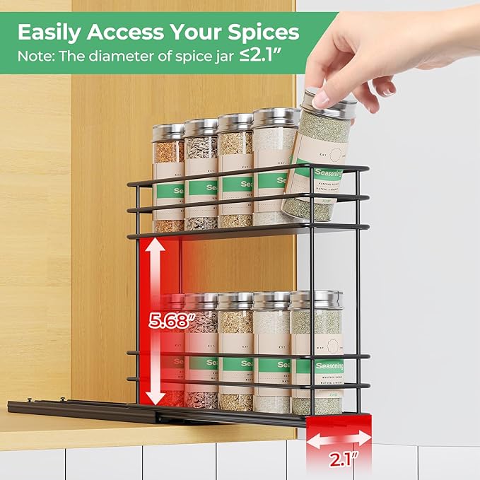 Mystozer Pull Out Spice Rack Organizer for Cabinet, Slide Out Spice Racks, Easy to Install Spice Cabinet Organizer, 2.5" Wx10.43 Dx8.26 H, 1 Drawer 2 Tiers（Black） - Image 3