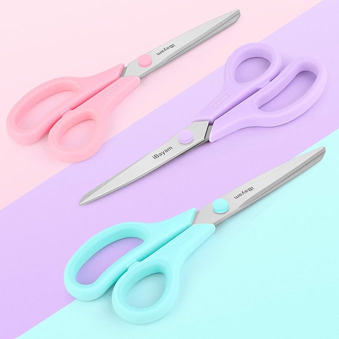 Scissors, iBayam 8" All Purpose Scissors Bulk 3-Pack, Ultra Sharp 2.5mm Thick Blade Shears Comfort-Grip for Aesthetic Fun Cute School Office Teacher Desk Crafts and Art Supplies Accessories Essential - Image 2