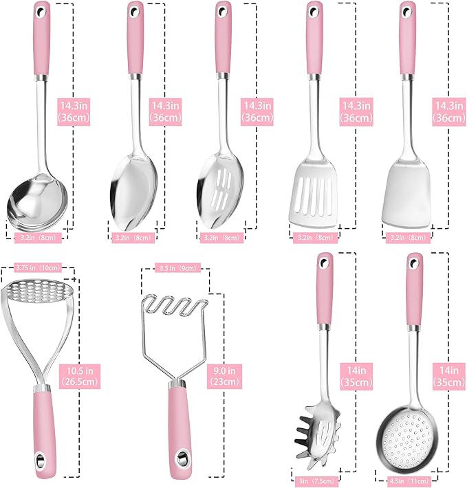18/0 Stainless Steel Cooking Utensils Set, Heavy Duty Pink Handle for Kitchen Daily Use Party Wedding Housewarming, Dishwasher Safe, 9 Pieces - Image 4