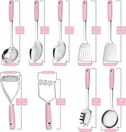 18/0 Stainless Steel Cooking Utensils Set, Heavy Duty Pink Handle for Kitchen Daily Use Party Wedding Housewarming, Dishwasher Safe, 9 Pieces - Image 4