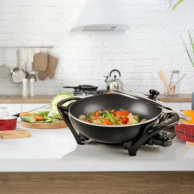 OVENTE Electric Wok with Nonstick Coating, 13 Inch Family-Sized Skillet, 1400W Power, Adjustable Temperature, Tempered Glass Lid, Cool Touch Handles and Easy to Clean Frying Surface, Black SK3113B - Image 8