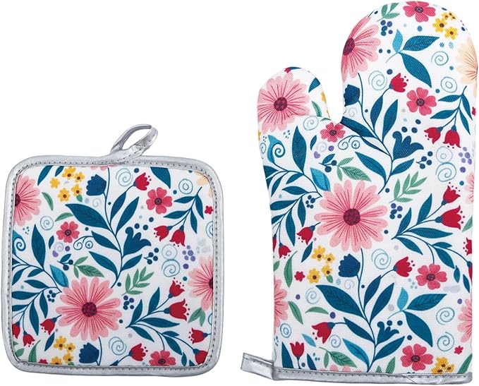 Floral Oven Mitts and Pot Holders Sets 2 Pcs, Canvas Heat Resistant Kitchen Mittens with Hot Pads, Vintage Farmhouse Country Decor, Non-Slip Cooking Baking Grilling Gifts for Women Mom (Flower2)