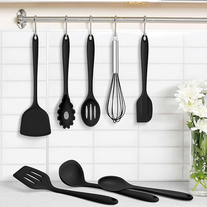 TeamFar 8 PCS Silicone Cooking Utensils - 446°F Heat Resistant Kitchen Silicon Utensils Set, Turner, Spatula, Spoon, Whisk, Kitchen Cooking Gadgets Tools for Nonstick Cookware, Dishwasher Safe-Black - Image 7