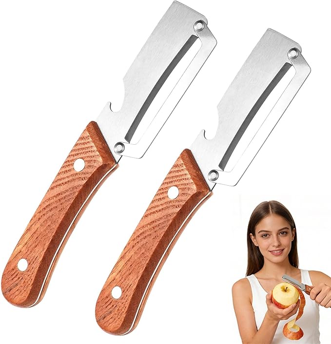 Roselli Wooden-Handled Stainless Steel Shredder and Peeler, Multifunctional Vegetable Peelers for Kitchen, Stainless Steel Peeler Knife with Wooden Handle & Bottle Opener (Paring knife*2)
