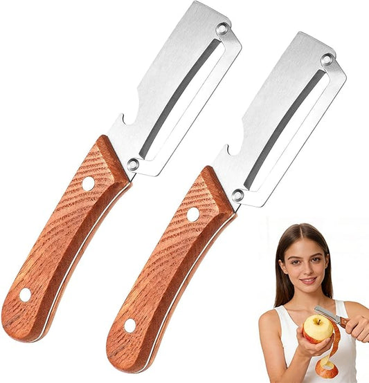 Roselli Wooden-Handled Stainless Steel Shredder and Peeler, Multifunctional Vegetable Peelers for Kitchen, Stainless Steel Peeler Knife with Wooden Handle & Bottle Opener (Paring knife*2)