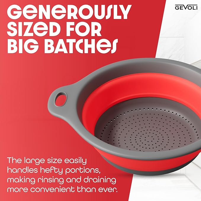 Gevoli Strainer with Self-Draining Base (5QT) Over-Sink Collapsible Kitchen Colander Set with Side-drain Base for Pasta Vegetables and Fruit, XL Large Capacity, Dishwasher Safe (5-Quart) Red/Gray - Image 4