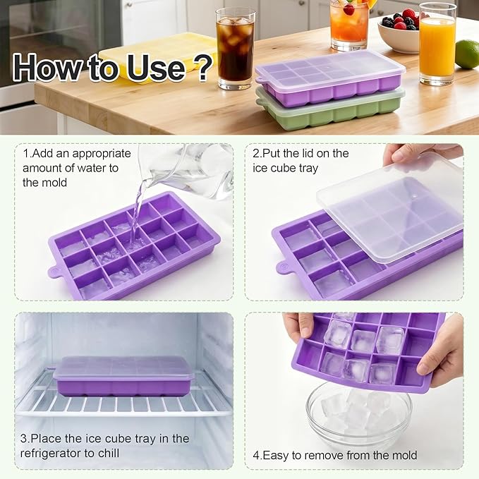 Silicone Ice Cube Trays with Lid, 4 Pack Easy Release Ice Cube Molds for Freezer, Stackable BPA Free Ice Trays for Whiskey, Cocktails, Coffee and Drinks
