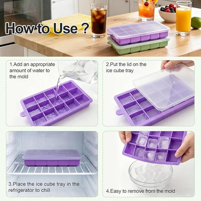 Silicone Ice Cube Trays with Lid, 4 Pack Easy Release Ice Cube Molds for Freezer, Stackable BPA Free Ice Trays for Whiskey, Cocktails, Coffee and Drinks