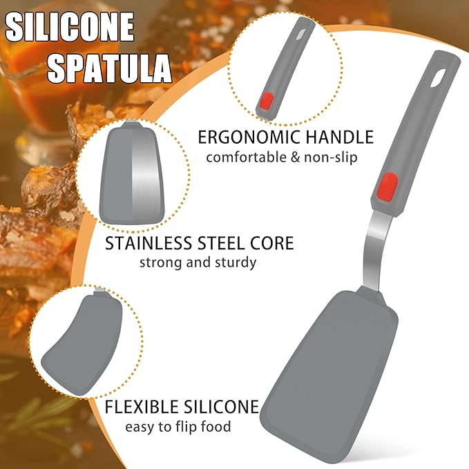 Silicone Spatula Turner Set of 3, Beijiyi 600°F Heat Resistant Cooking Spatulas for Nonstick Cookware, Large Flexible Kitchen Utensils BPA Free Rubber Spatula Set for Egg, Pancake, Fish (Gray) - Image 5