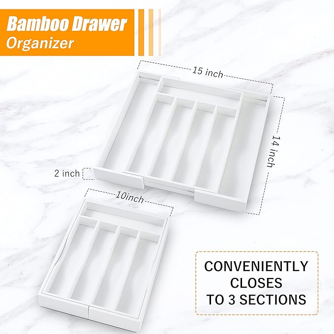 Bellsal White Silverware Organizer Kitchen Drawer Organizer Expandable Bamboo Utensil Holder Cutlery Tray for Kitchen Utensil and Flatware Bedroom Office - Image 3