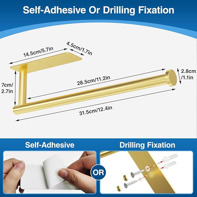 Paper Towel Holder - Self-Adhesive or Drilling, Gold, Wall Mounted, SUS304 Stainless Steel Kitchen Roll Dispenser Under Cabinet - Image 5