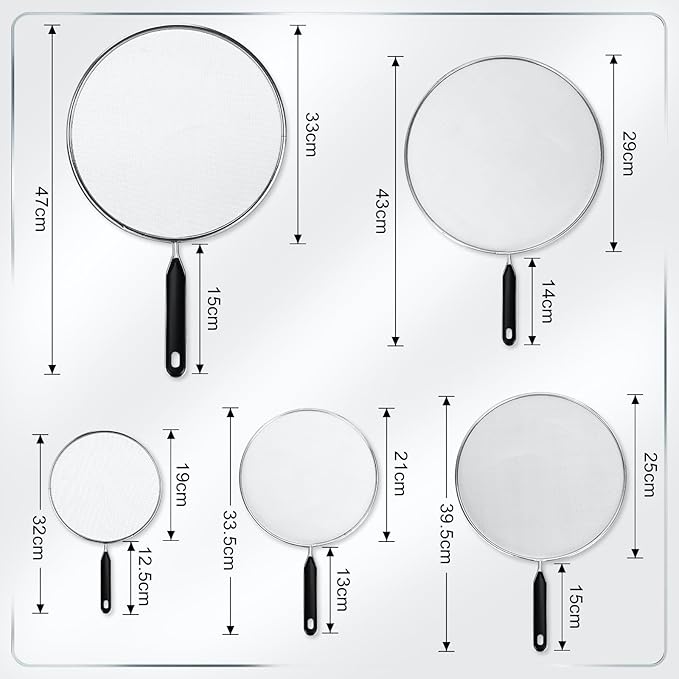 Gisafai 5 Pcs Splatter Screen for Frying Pan 13'' 11.5'' 10'' 8.3'' 7.5'' Metal Grease Splatter Guard Stove Fine Mesh Cover Grease Oil Guard with Comfort Grip Handle for Most Pan Pot Safe Cooking - Image 2