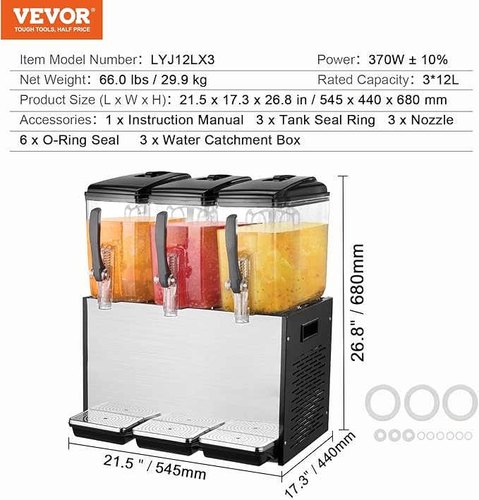 VEVOR Commercial Beverage Dispenser, 3 Tanks 12 L / 12.7 QT Per Tank Juice Dispenser, 370W Stainless Steel Ice Tea Drink Machine with 45°F-54°F Cooling Temperature, for Cold Drink Restaurant Bar Party - Image 7