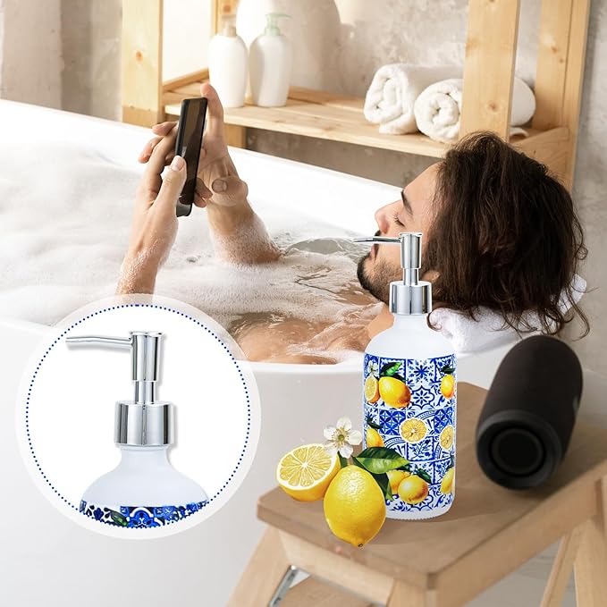 2 Pcs Blue Tiles Lemon Soap Dispenser Blue Tile Yellow Capri Lemon Glass Dispenser Hand Soap Pump Inspired Refillable Liquid Soap and Lotion Bottle Storage for Home Kitchen Bathroom Decor