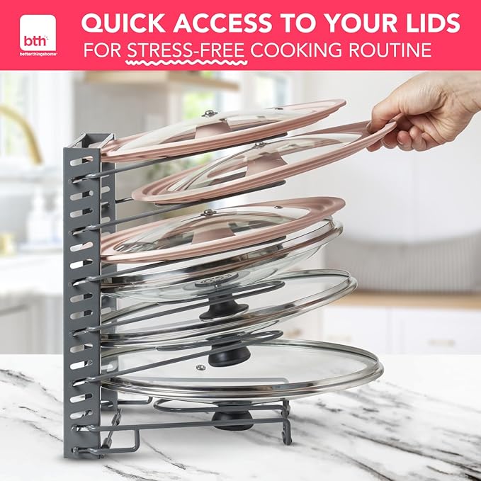 Free-Standing Adjustable Pot Lid Organizer for Cabinet - Kitchen Storage Rack 6 Adjustable Shelves, Pot Lid Holder, Pan and Pot Rack Organizer, Pantry & Inside Cabinet Organizer (13” Clearance) - Image 6