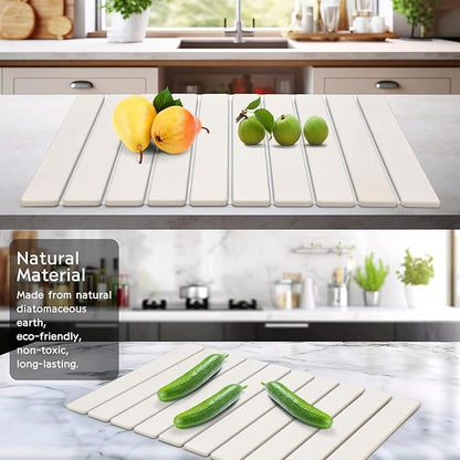 Large Stone Dish Drying Mats for Kitchen Counter, 23"(L)×15"(W) Quick Dry Collapsible Dish Drying Mat, Eco-Friendly Absorbent Diatomaceous Earth Mats for Dishes Bottles Cups, Match Any Countertop
