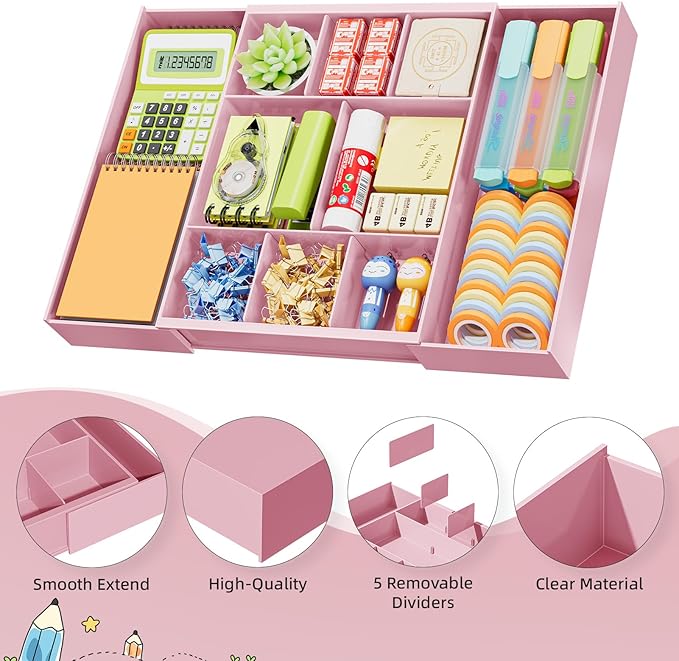 Marbrasse Expandable Desk Drawer Organizer, Clear Plastic Drawer Organizer Tray with 10 Adjustable Compartments, Desk Organizers and Accessories, 5 Drawer Dividers for Office Supplies, Makeup (Pink) - Image 7