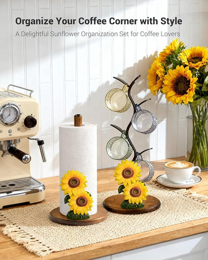 Sunflower Paper Towel Holder, Yellow Sunflower Kitchen Decor for Countertop, Gifts for Women Mom Grandma, Wooden Stand with 3D Resin Floral Accent, Non-Slip Base, Fits Standard & Jumbo Rolls