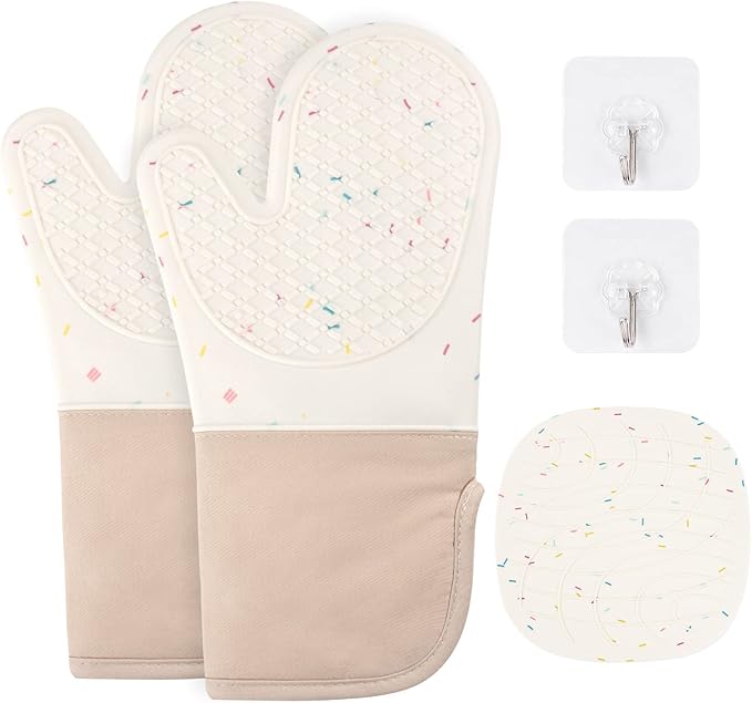 AUAUY Silicone Oven Mitts and Pot Holders 5PCS Set, 446℉ Heat Resistant Cooking Gloves and Hot Pads, Baking Supplies BBQ Gloves Non-Slip Kitchen Organization for Oven Cooking Baking Grilling by AUAUY