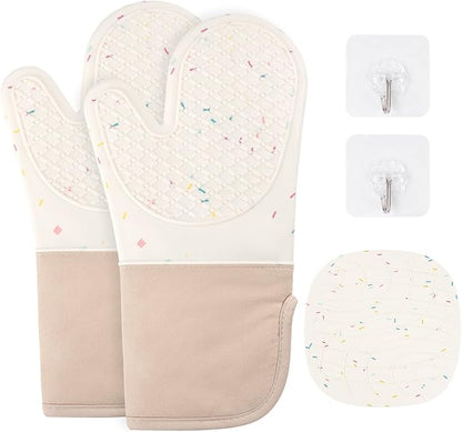 AUAUY Silicone Oven Mitts and Pot Holders 5PCS Set, 446℉ Heat Resistant Cooking Gloves and Hot Pads, Baking Supplies BBQ Gloves Non-Slip Kitchen Organization for Oven Cooking Baking Grilling by AUAUY