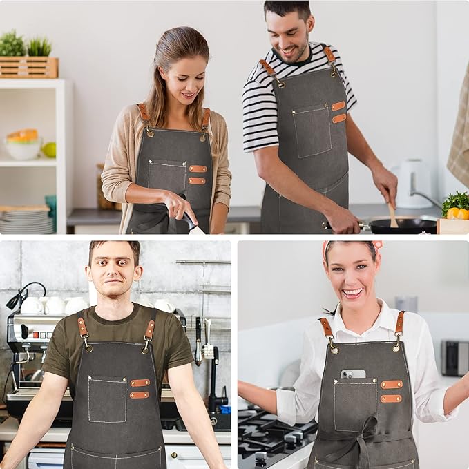 OUNLEN Chef Apron for Men Women Canvas Aprons with 3 Pockets Cross Back Resistant Work Apron for Cooking - Image 6