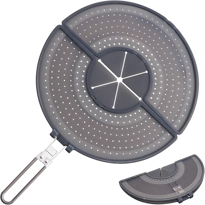 Foldable Splatter Screen with Handle For 10,11,12 and 13 Inch Frying Pan - Dual Folding Oil Guard,BPA-Free Silicone,Heat-Resistant Grip,Space Saving Fry Pan Cover for Mess-Free Cooking,Dishwasher Safe by BIGOWL