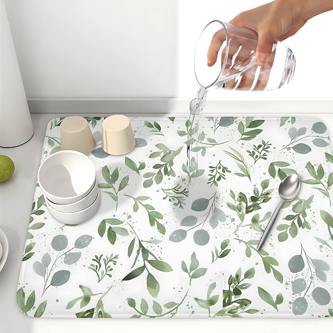 Spring Summer Sage Green Leaves Dish Drying Mat 16 x 18 Inch Spring Eucalyptus Leaf Dish Drainer Rack Mat Absorbent Microfiber for Holiday Kitchen Coffee Dining Bar Decor