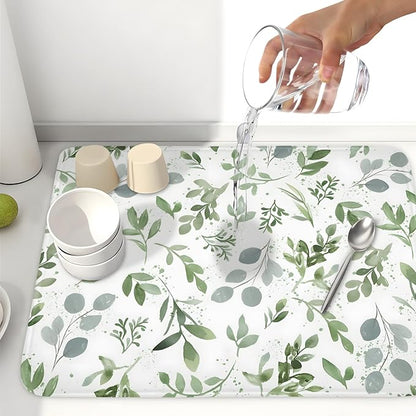 Spring Summer Sage Green Leaves Dish Drying Mat 16 x 18 Inch Spring Eucalyptus Leaf Dish Drainer Rack Mat Absorbent Microfiber for Holiday Kitchen Coffee Dining Bar Decor