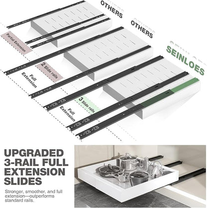 Seinloes 2 Pack Pull Out Cabinet Organizer 18" Deep,Full Extension 3 Slide Rails Slide Out Drawers With Raising Pad for Framed Cabinets,Expandable Width (15.4"-26.2"),No Drill Roll Out shelf,White