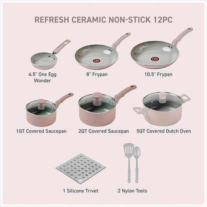 T-Fal Refresh Ceramic Nonstick Cookware Set, 12-Piece Ceramic Pots and Pans Set, Oven Safe to 350°F, Includes Stockpot, Griddle, Frying Pans, & Utensils, Dusty Rose - Image 2