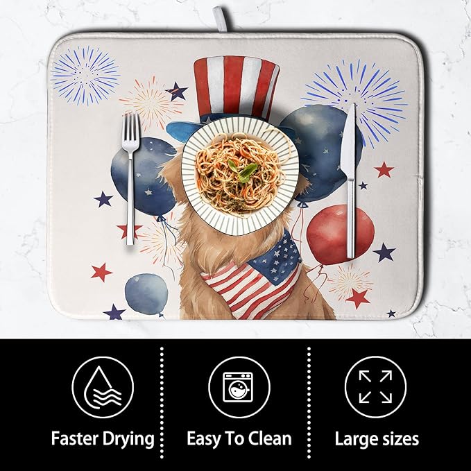 4th of July Patriotic Dog Dish Drying Mat 18 x 24 Inch US Independence Day Blue White Red Kitchen Drying Mat Firework Holiday Dish Drainer Mats Super Absorbent Dish Rack Pad for Kitchen Counter - Image 4