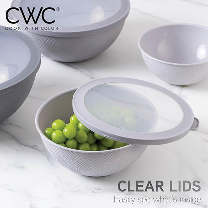 COOK WITH COLOR Mixing Bowls with Lids - 12 Piece Plastic Nesting Bowls Set includes 6 Prep Bowls and 6 Lids, Microwave Safe Mixing Bowl Set, Grey Rhombus - Image 7