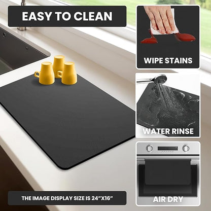 Dish Drying Mat Super Absorbent – 17" x 31" Coffee Mat for Countertops – Non-Slip Drying Mat for Kitchen Counter – Easy to Clean Water Absorbent Mat – XLarge Dish Drying Mats (Black)