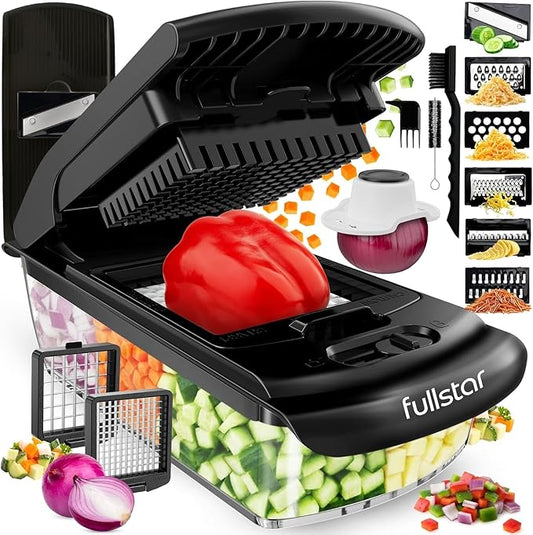 Fullstar All in One Vegetable Chopper and Mandoline Slicer - Food Chopper with Container and Julienne Slicer, Fruit Slicer, Veggie Cutter, Kitchen Gadgets & Gift for Mom (8 in 1, Black)