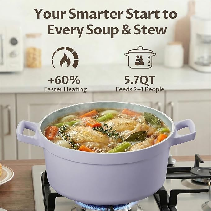BEZIA 5.7 Quart Nonstick Ceramic Stock Pot with Lid for Family Cooking, Induction Cooking Pot with Smart-Vent Braising, Easy Cleanup, Perfect for Side Dishes, Daily Meals & Camping