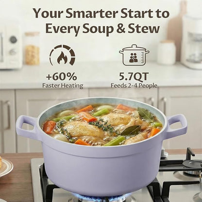 BEZIA 5.7 Quart Nonstick Ceramic Stock Pot with Lid for Family Cooking, Induction Cooking Pot with Smart-Vent Braising, Easy Cleanup, Perfect for Side Dishes, Daily Meals & Camping